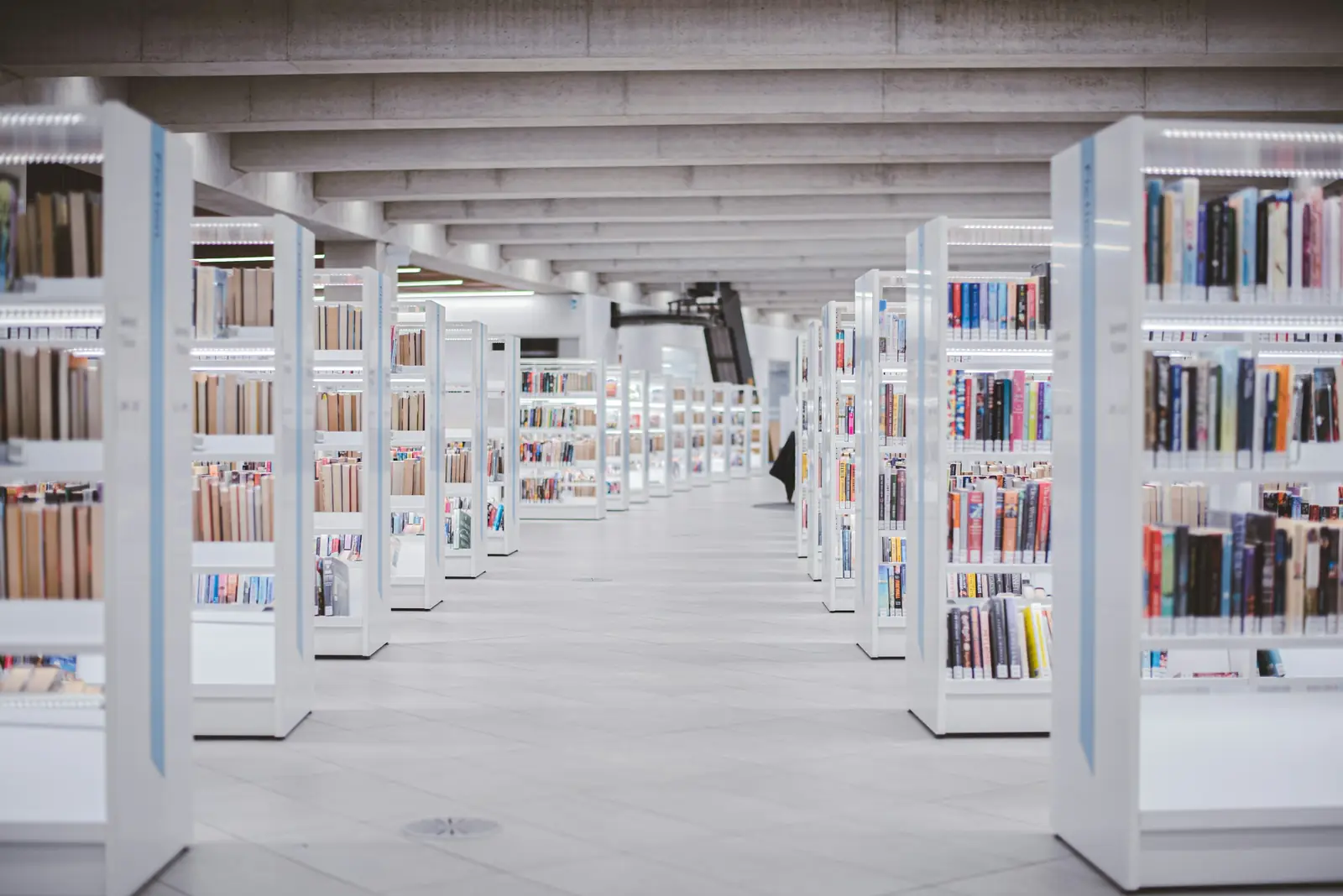 Les allées d’une bibliothèque moderne : rayonnages blancs en enfilade sous un plafond blanc.