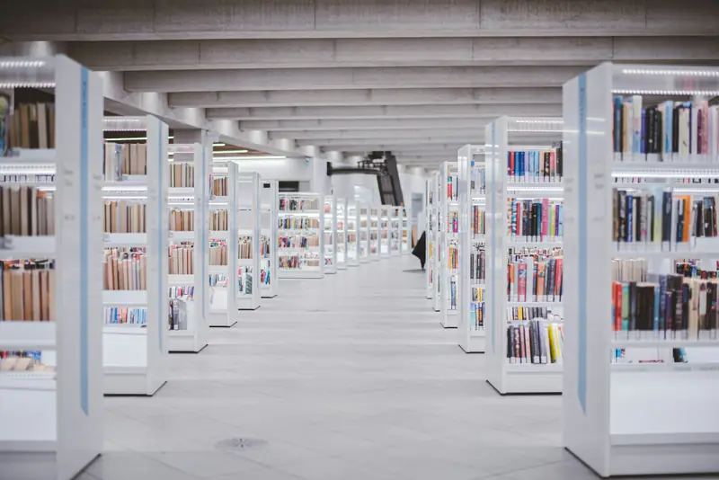 Les allées claires d’une bibliothèque moderne.