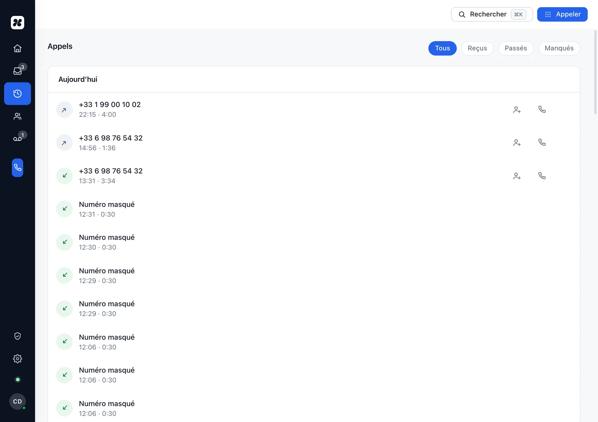 Le journal d’appels de Konvoice : appels reçus, passés et manqués, avec le nom du correspondant.