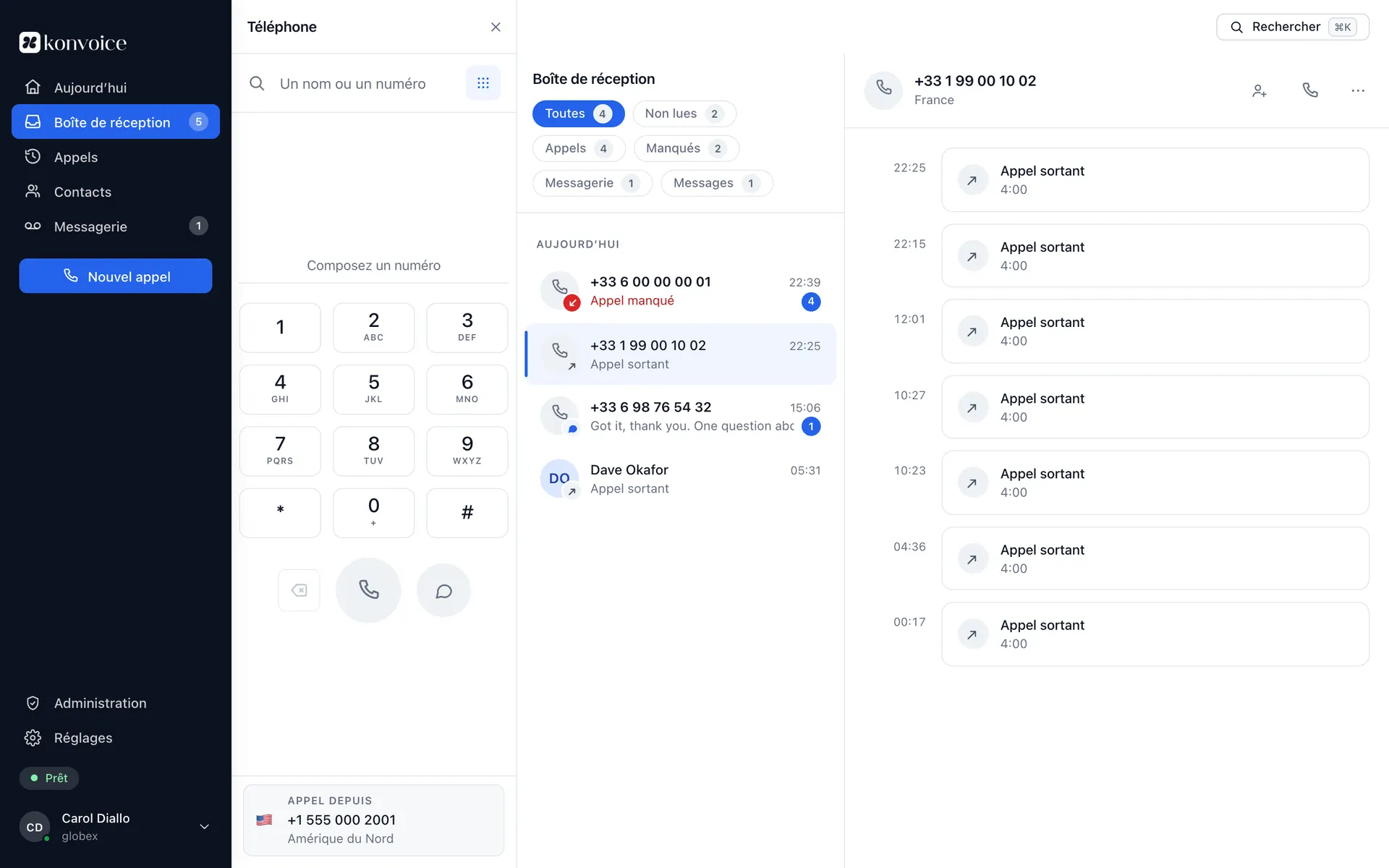 Le Workspace Konvoice dans un navigateur : le clavier de composition, la boîte de réception partagée et la conversation complète avec un correspondant.